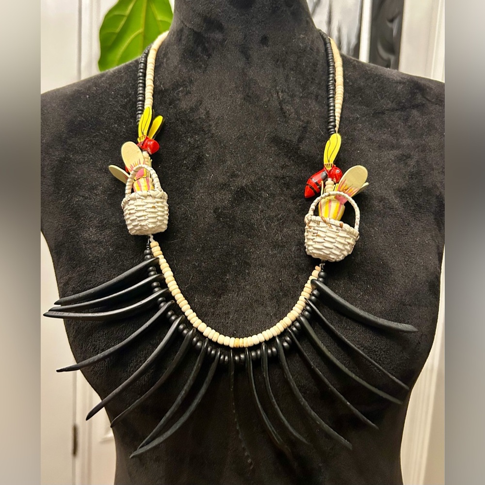 Handmade Black and Beige Beaded Necklace with Basket Charms
